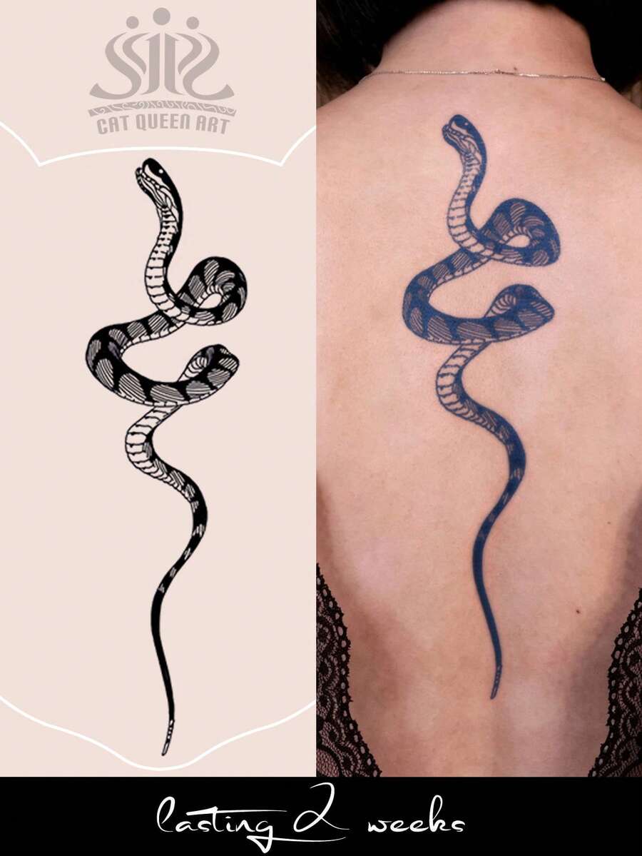 Herbal Juice Semi-Permanent Magic Tattoo Sticker, Vintage Personalized Wrapped Snake Design, Long-Lasting 14 Days, Non-Fading, Non-Reflective, Temporary Tattoo Sticker For Arm, Back, Leg, Body, 1pc/Pack - Blue - View 1