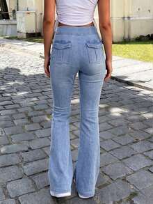 Women's High Waist Light Blue Washed Stretch Flare Jeans, Elastic ...