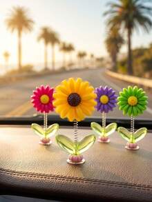 5Pcs Christmas Gift Spring Wobble Daisy Sunflower Car Dashboard Ornament, Cute Colorful Shaking Head Flower Decor, Adhesive Swing Flower For Car Interior, Desk, Monitor, Home Office Decor, Holiday Gift For Car Lovers - Multicolor - View 3