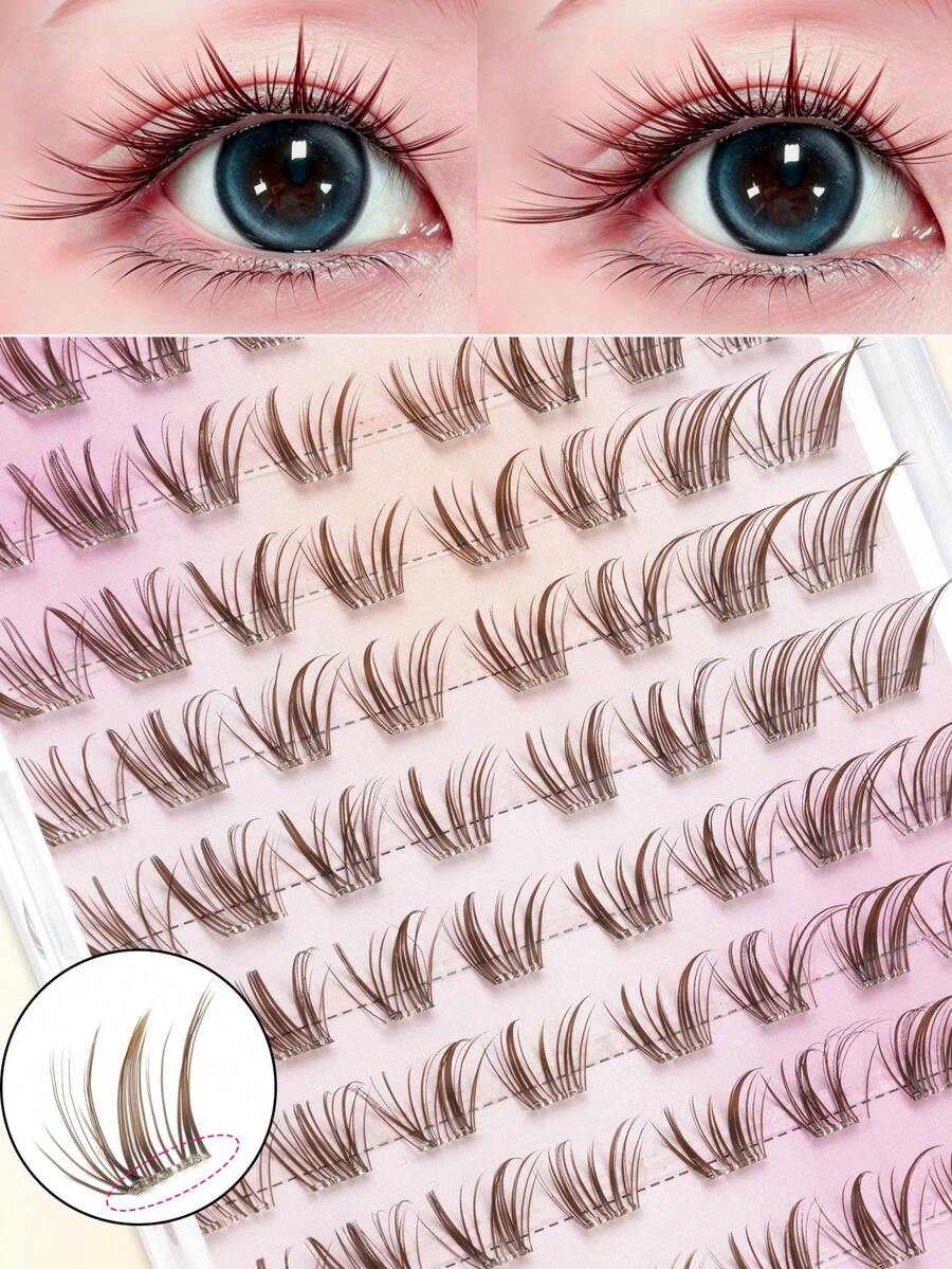 80 Clusters Brown Cartoon False Eyelashes, Natural 3D Segmented Eyelash Clusters, DIY Single Cluster Eyelashes For Beginners, Atmospheric Eye Makeup, No Glue Needed, Simple And Convenient - C - View 1