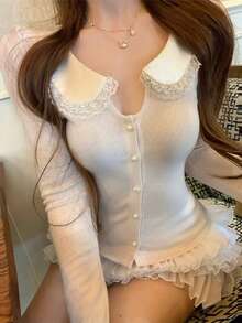Sweet Sexy Peter Pan Collar Inner Layer Knit Cardigan Lace Trim Women's Top - Apricot - View 3