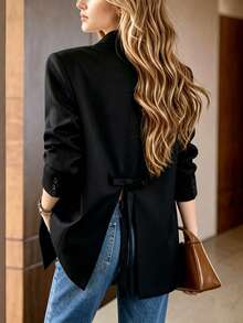 Women Solid Notch Lapel Long Sleeve Blazer - Back Bow Split Loose Suit Jacket, For Office, Daily Commute & Casual Occasions, Four Seasons Wear - Black - View 1