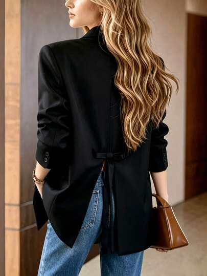 Women Solid Notch Lapel Long Sleeve Blazer - Back Bow Split Loose Suit Jacket, For Office, Daily Commute & Casual Occasions, Four Seasons Wear