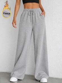 Women's Thermal Lined High Waist Wide Leg Sweatpants With Drawstring Relaxed Fit Casual Lounge Pants For Everyday Wear. - Grey - View 10