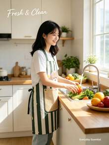 Korean-Style Vertical Striped Bamboo Cotton Apron With Printed Design And Large Pockets, Detachable Towel And Shoulder Straps - Suitable For Home, Daily Wear, Outdoor, Bookstore And Party Occasions, Women's - Multicolor - View 3