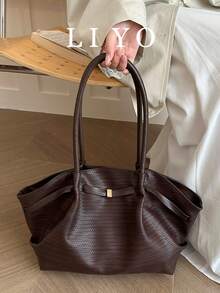Retro Brown Braided Pattern Tote Bag Soft PU Large Capacity Daily Work Shoulder Handbag - Coffee Brown - View 2