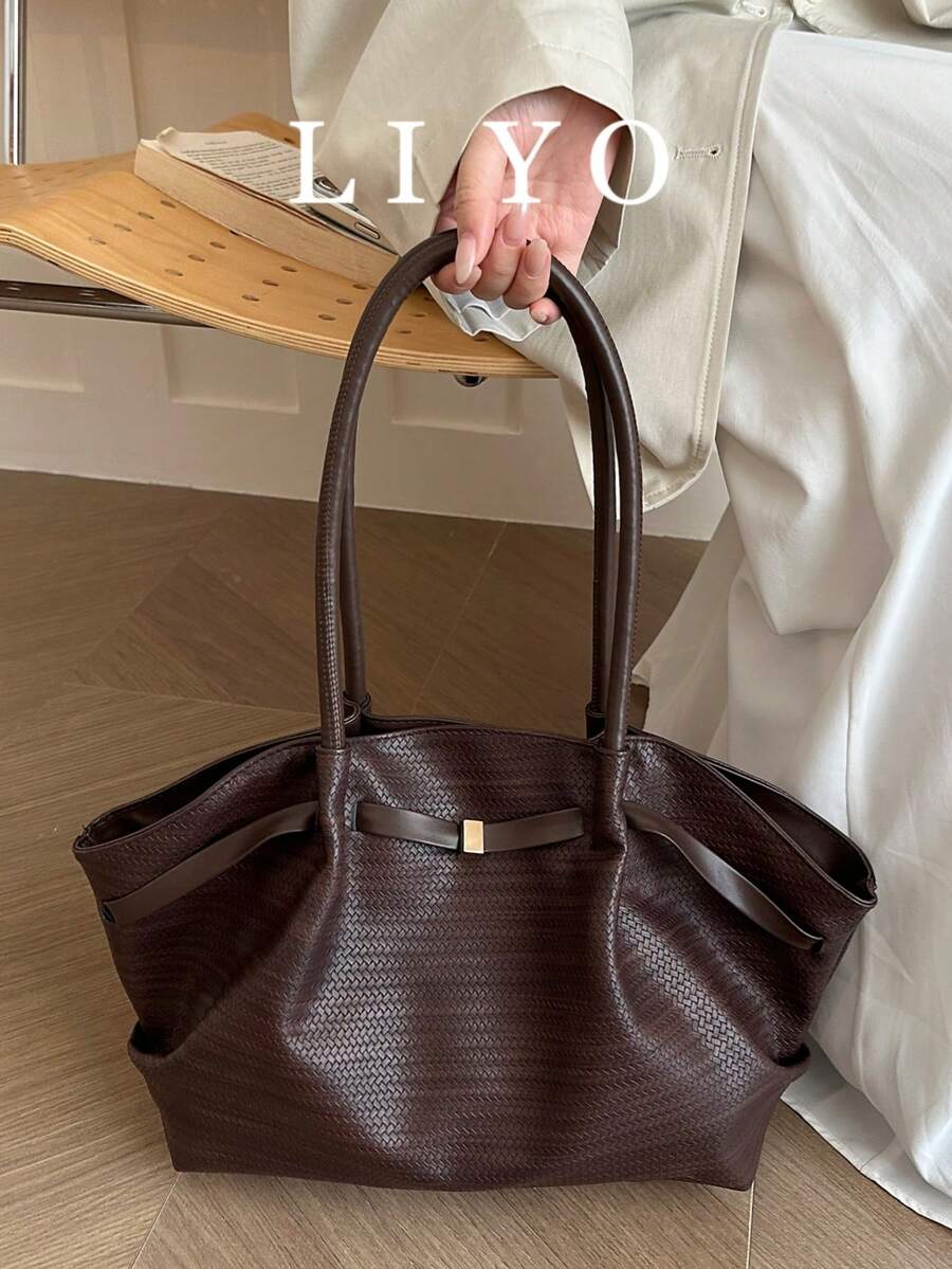 Retro Brown Braided Pattern Tote Bag Soft PU Large Capacity Daily Work Shoulder Handbag