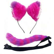 Women's Halloween Cosplay Plush Cat Ears & Tail Set, Purple-Pink Gradient Striped Fluffy Cat Ear Headband, Stage Performance Carnival Party Costume Accessory - Purple Kitten - View 3