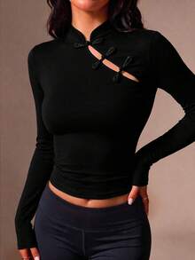 Women's Solid Color Frog Button Design Long Sleeve Casual Top - Black - View 4