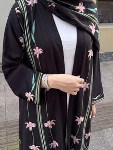 Hafizah Modest Printed Cardigan & Headscarf 2 Pieces Abaya Set For Women Black Wedding Party Fall - Black - View 6