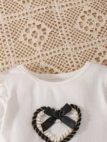 2pcs/Set Baby Girl Princess Style Outfit, Ribbed Flutter Sleeve Heart Bow Bodysuit + Tweed Plaid Overall Skirt, Pearl Button Embellishment, Soft Skin-Friendly Fabric, Vintage Chic, Suitable For Outings, Photoshoots, First Birthday, Sweet Spring/Autumn Set, Cute Versatile Elegant - Black - View 4