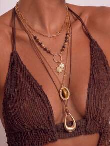 4pcs Tiger Eye Layered Necklace Set With Sun Coin, Water Drop Pendant, Paperclip Chain And Tassel, Vintage Autumn/Winter Style, Suitable As Gift For Women - Gold - View 1