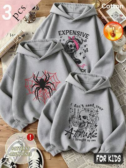 Autumn/Winter 3 Pieces Set Girls' Fleece Hoodie, Skull & Spider Web Print, Long Sleeve Soft Y2K Style