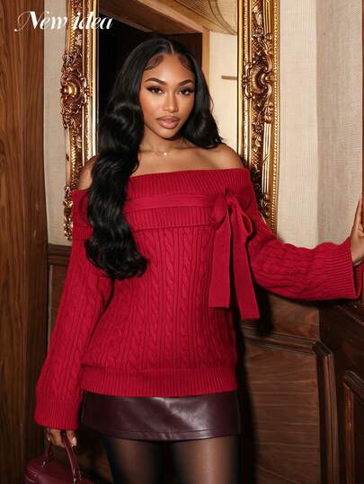 New Idea Women Burgundy Cable Knit Off Shoulder Sweater, Bow Detail Long Sleeve Luxe Top For Cocktail, Evening, Club Party