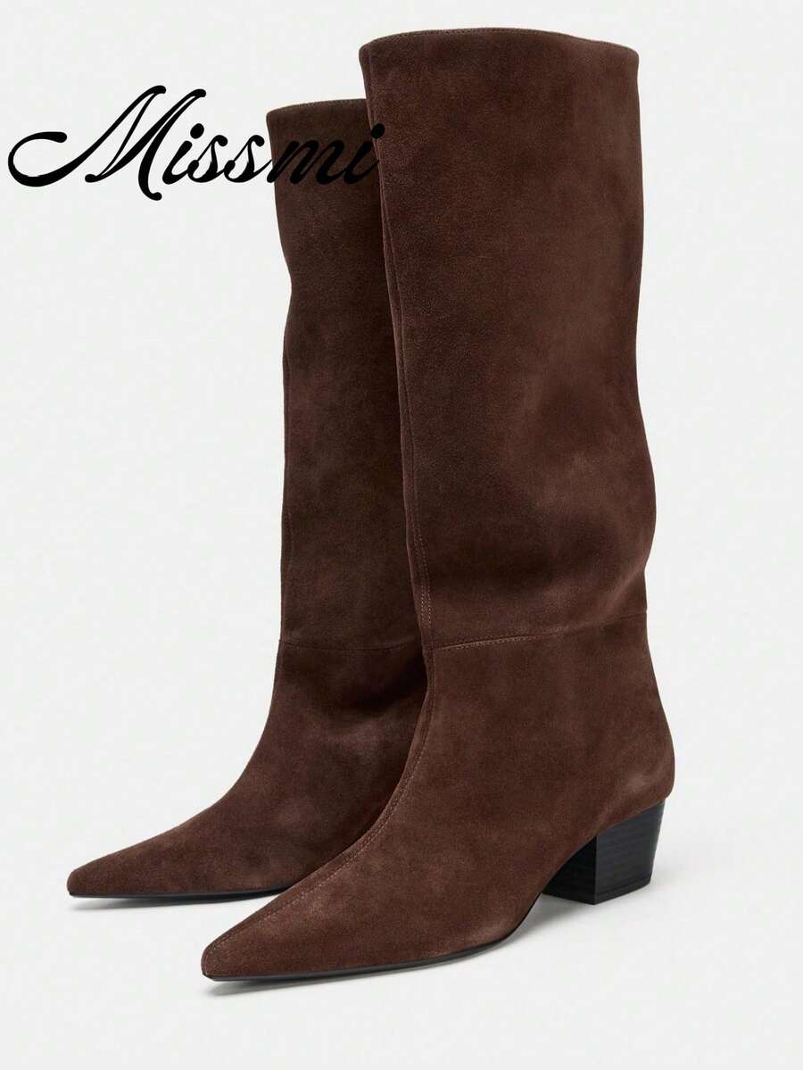 New Autumn Women's Black Chunky Heel High Shaft Pointed Toe Leather Boots - Coffee Brown - View 1