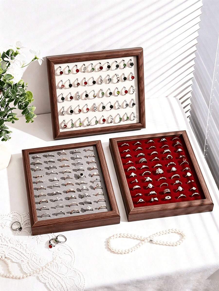 Wooden Ring Display Tray With Multi-Color Velvet Slots, Jewelry Organizer For Home Vanity, Countertop Display Prop - Multicolor - View 1