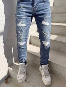 Celana Jeans Pria Slim Straight Leg dengan Detail Sobek dan Garis-Garis, Serbaguna untuk Perjalanan dan Pakaian Kasual, Celana Panjang Denim yang Membuat Tubuh Terlihat Ramping - Biru - View 3
