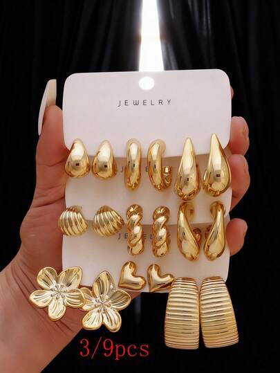 1 Set/3pcs/9pcs Golden Plated Chunky Earring Set, Teardrop & Heart & Flower & Geometric Studs, Minimalist Statement Earrings For Women