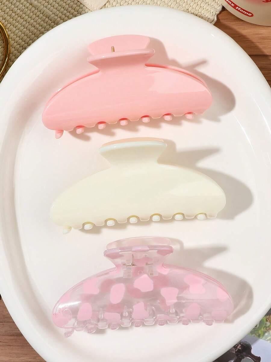 3件組純色透明乳白色與淺粉色甜美女孩風豹紋金屬抓夾髮夾,溫柔極簡半紮髮盤髮慵懶通勤髮飾 - 彩色 - 查看 1