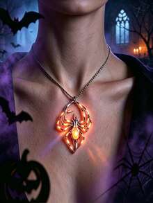 VJS 1pc Glow-In-The-Dark Spider Pendant Necklace, Gothic Punk Style Glowing Animal Design Collarbone Chain, Halloween Dark Aesthetic Jewelry, Unisex - Punk Style Glowing Spider Necklace - View 4