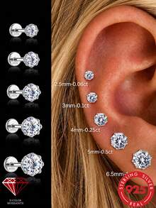 1 pieza Pendientes de botón de mujer de plata de ley 925 con moissanita, pendientes de cartílago redondos, diseño de espalda plana, adecuados para uso diario, boda, compromiso, joyería fina - Plateado - Ver 15