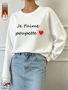 Women's Fleece Lined Pure Cotton Pullover Sweatshirt, Long Sleeve Round Neck Drop Shoulder Ribbed Knit Top, Suitable For Autumn Casual Wear, Warm And Soft - White - View 11