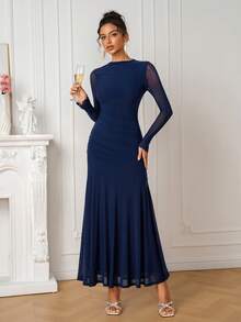 PARTHEA Women's Elegant Deep Blue Mesh Stand Collar Long Sleeve Mermaid Evening Gown, Suitable For Wedding Guests - Navy Blue - View 6