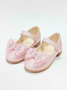 1 Pair Girls' Gentle Nude Pink Princess Shoes, Hook And Loop Mesh Rhinestone Bow Mary Jane Shoes, Versatile For Birthday, Party, Performance - Pink - View 2