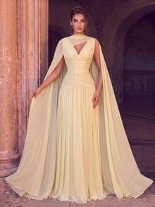Women's Solid Color Pleated Elegant Waist-Cinching Cocktail Party Dress - Yellow - View 1