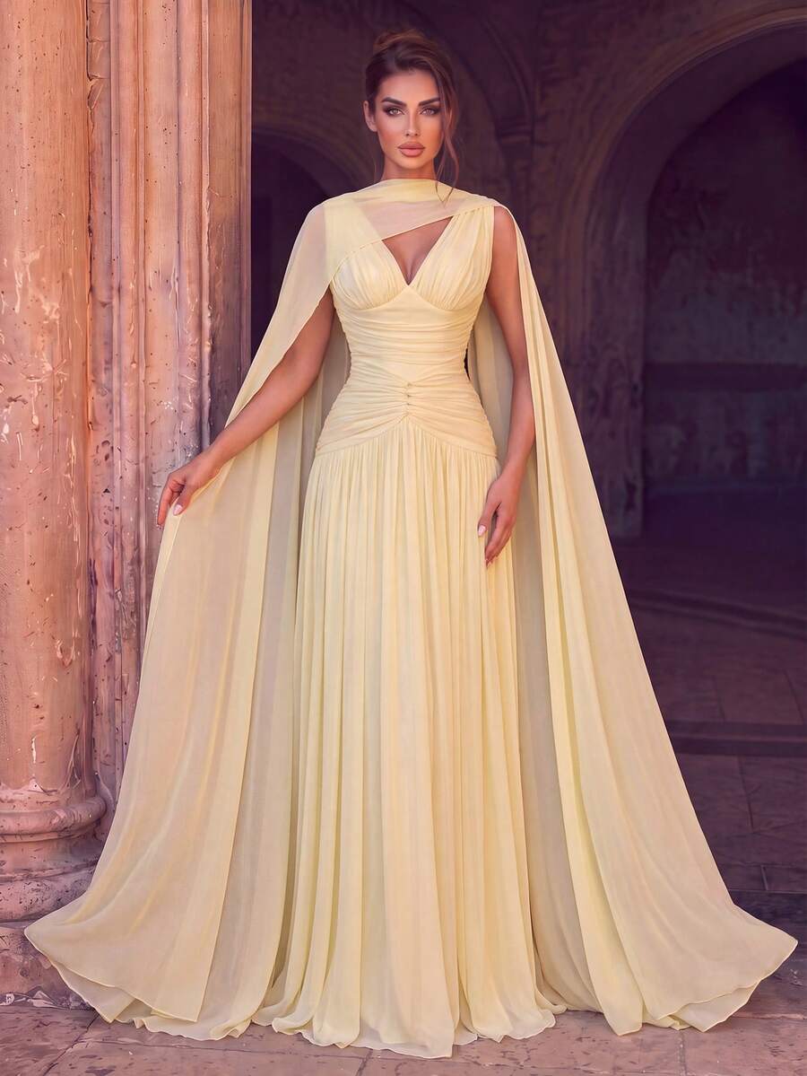 Women's Solid Color Pleated Elegant Waist-Cinching Cocktail Party Dress - Yellow - View 1