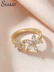 1pc Girl's Gold-Plated Five-Petal Flower Crystal Ring, Adjustable Flower Ring, Delicate Stackable Jewelry For Girls Party Prom Dates & Daily Wear - one-size - View 4