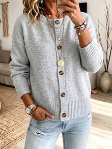 Just Masa Women's Fall Casual Elegant Cardigan,Round Neck Button Up Long Sleeve Loose Basic Solid Color Knitwear,For Daily Wear,Travel,Date,Going Out - Grey - View 7