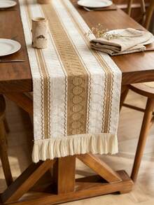 1PC Boho Geometric Zigzag Pattern Table Runner With Fringe Tassel Edge, Vintage Bohemian Macrame Aesthetic, Linen-Look Yarn-Dyed Woven Material, Easy Care, Multi-Scene Table Decor For Dining Room, Console, Sideboard, Autumn Thanksgiving Gathering - Khaki-b - View 2