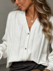 Marisole Women's Casual Daily Ribbed V-Neck Long Sleeve Button Down Cardigan, Elegant Minimalist Basic Commuter Outing New Year Sweater, Fall Winter - White - View 3