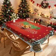 1件紅色背景聖誕主題桌布，裝飾有薑餅人、雪屋、松樹、鈴鐺、星星和「Merry Christmas」藝術文字，適用於廚房餐桌布置、餐廳裝飾、野餐露營、派對場景、農舍風點綴、桌面美化與節日氣氛營造 - 彩色 - 查看 13