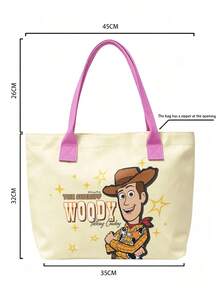 Miniso Disney Toy Story Sheriff Woody Canvas Tote Bag, Beige With Handle Shoulder Bag, Suitable For Daily Use - Pink - View 6
