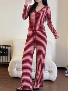 2pcs/Set Women's Pajamas Loungewear Set, Open Front V-Neck Striped Fashion Minimalist Long Sleeve Pants, Easy Care Fabric (Random Print) - Red - View 1