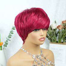 Colored Short Straight Pixie Cut Human Hair Wigs For Women 6 Inch 180% Density Layered Machine Made Wigs With Bangs Black Color 99J# Burgundy Green 613# Blonde BUG Red Color Basic Non Lace Wig Pixie Wig For Daily Wear And Halloween - SBUG - View 9