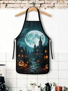 1pc/2Pcs/4Pcs Spooky Dark Halloween Apron, Witch Cauldron Haunted Castle Full Moon Pumpkin Print Apron, Cooking Baking Holiday Costume Apron - Multicolor - View 4