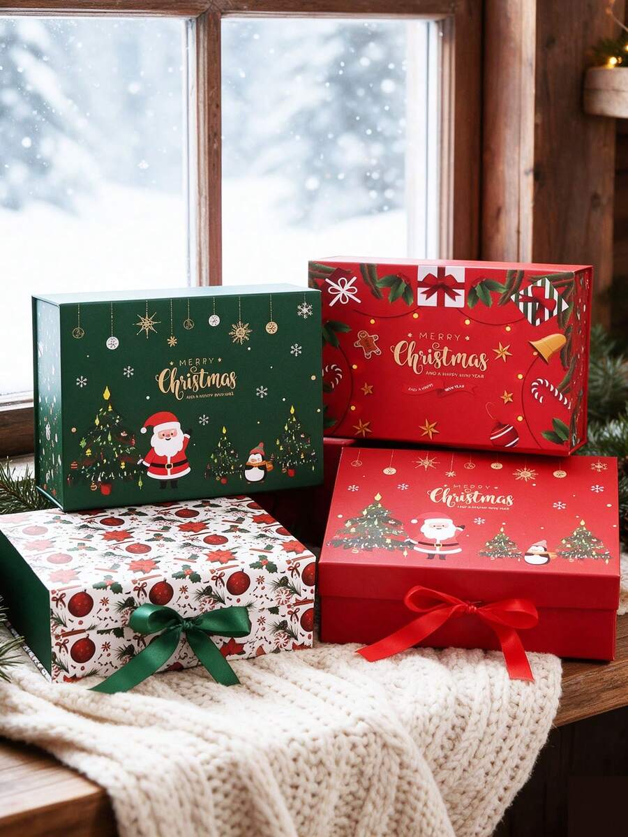 Large Christmas Gift Box With Bow, Red And Green Santa Claus Pattern Design, Suitable For Christmas, Home Decor, Christmas Gifts, Gift Wrapping And Holiday Decoration - One Size Fits All - View 1