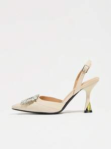 女款水鑽方扣後扣尖頭金邊香檳色中跟優雅米色壓紋PU高跟鞋，適合派對、婚禮、辦公室、約會、購物，春夏秋冬四季穿搭 - 米色 - 查看 6