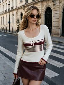 Aflion Women Fall Winter Cream Burgundy Striped Knit Sweater U Neck Drawstring Slim Fit Casual Back To School Campus Daily Class Going Out Top - White - View 9