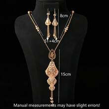 1 Set 3pcs Elegant Vintage Teardrop Laser Rose Hollow Filigree Tassel 18K Gold Plated Champagne Color Necklace & Earrings Jewelry Set, Suitable For Bride Wedding Evening Party Dress Engagement High-End Jewelry, Gorgeous Women's Wedding Wear + Gift Choice - Champagne - View 4