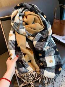1pc Women's Autumn/Winter Heart Pattern Plaid Scarf, Comfortable Medium-Thick Shawl Scarf, Suitable As A Warm Gift - Coffee Brown - View 5