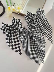 1/3pcs Women's Black & White Plaid Checkerboard Spring Hair Clips With Bows, Minimalist Satin Ribbon Ponytail Clips, Autumn Outfit Decorative Hair Accessories, Versatile Daily Hair Clips - Multicolor - View 10