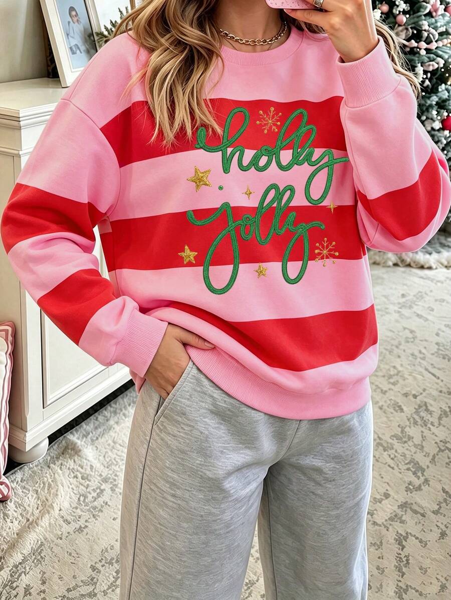 Christmas, Women's Striped Color Block Christmas Pattern, Suitable For Winter, Women's Casual Drop Shoulder Long Sleeve Crew Neck Sweatshirt - Multicolor - View 1