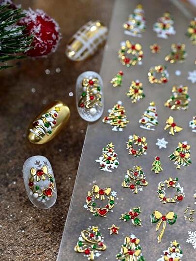 1pc/2pcs Christmas Winter New Colorful Christmas Nail Stickers Gold Foil Christmas Tree Wreath Snowflake Bow Small Elements Embossed 3D With Gold Foil Craft Light Luxury High-End Create Exquisite Glamorous Christmas Nail Art