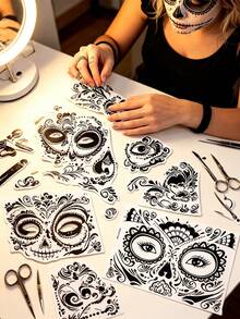 12 Sheets Halloween Sugar Skull Face Temporary Stickers, Day Of The Dead Floral Skull Full Face Stickers, Cosplay Festival Party Face Decorations - Multicolor - View 3