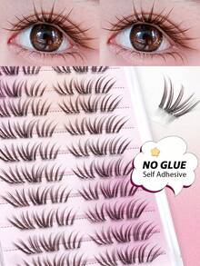 60pcs Brown Self-Adhesive False Eyelash Clusters, Cartoon Style, Press-On Eyelash Clusters, Suitable For Beginners, Reusable, Natural Look, Suitable For All Occasions, Glue-Free False Eyelashes - C - View 2