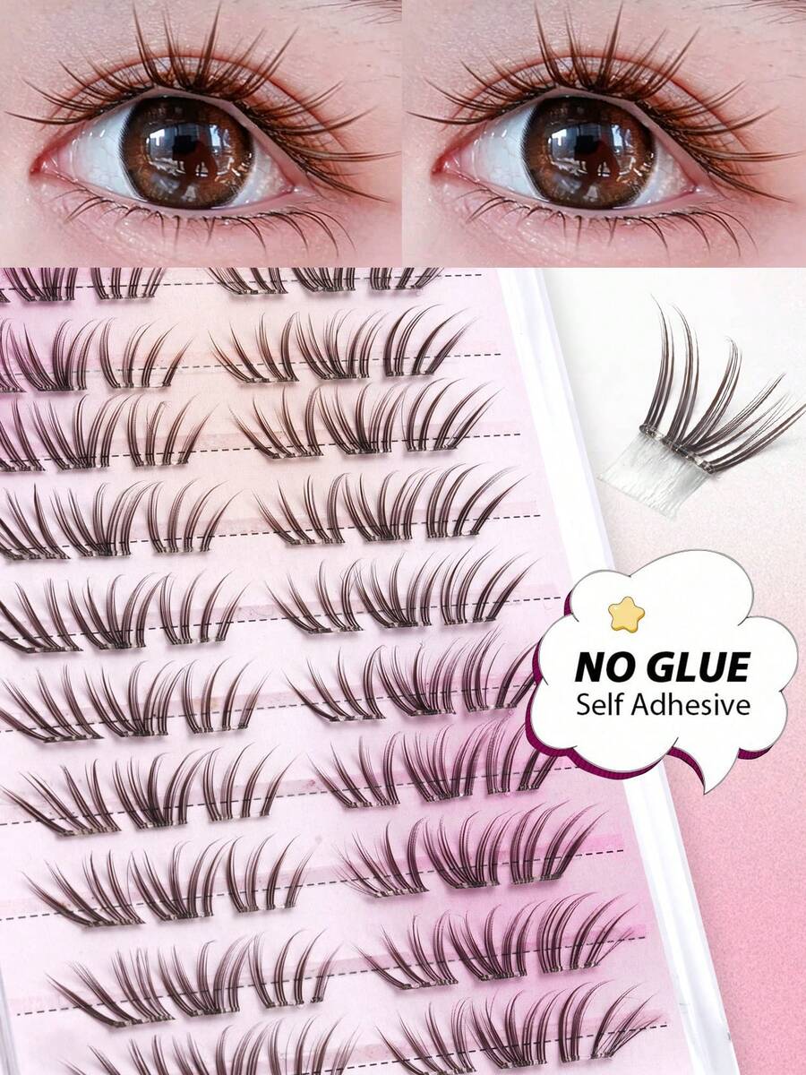 60pcs Brown Self-Adhesive False Eyelash Clusters, Cartoon Style, Press-On Eyelash Clusters, Suitable For Beginners, Reusable, Natural Look, Suitable For All Occasions, Glue-Free False Eyelashes - C - View 1